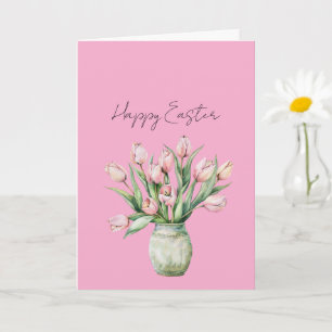 Blush Pink Tulip Flowers Green Vase Easter Card