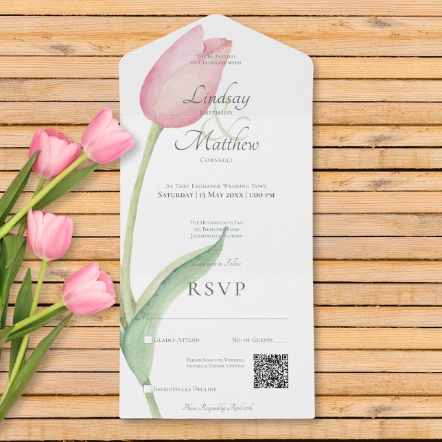 Blush Pink Tulip Solo Pink Modern QR Code All In One Invitation (Blush Pink Tulip Solo Pink Modern QR Code All In One Invitation)