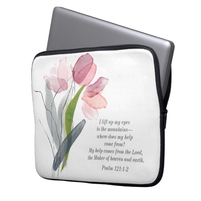 Blush Pink Tulips White Bible Verse Christian Laptop Sleeve (Front Left)