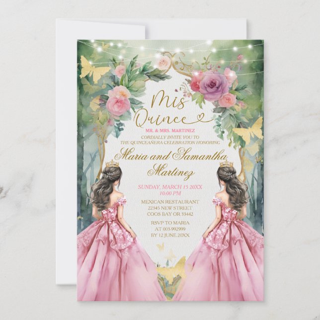 Blush Pink Twin Royal Princess Forest Quinceañera Invitation (Front)