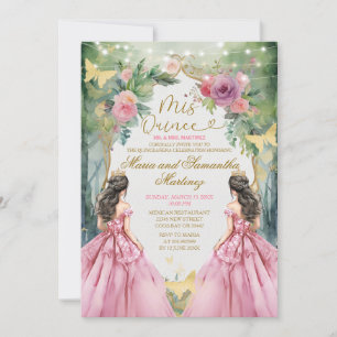Blush Pink Twin Royal Princess Forest Quinceañera Invitation