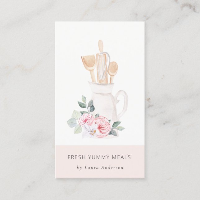 Blush Pink Utensils Catering Floral Roller Whisk Business Card (Front)