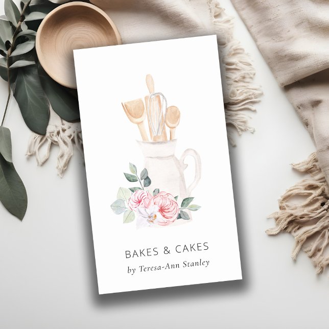 Blush Pink Utensils Catering Floral Roller Whisk Business Card (Creator Uploaded)
