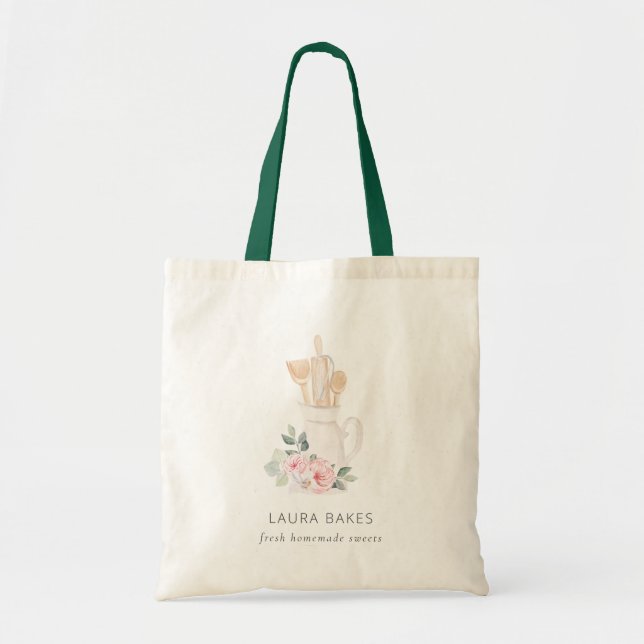 Blush Pink Utensils Catering Floral Roller Whisk Tote Bag (Front)