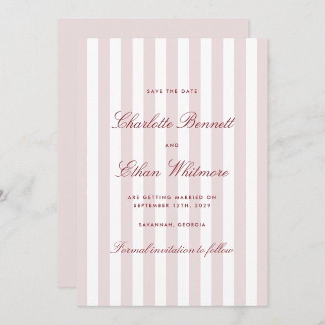 Blush Pink Vertical Stripes Modern Save the Date  Invitation (Front/Back)