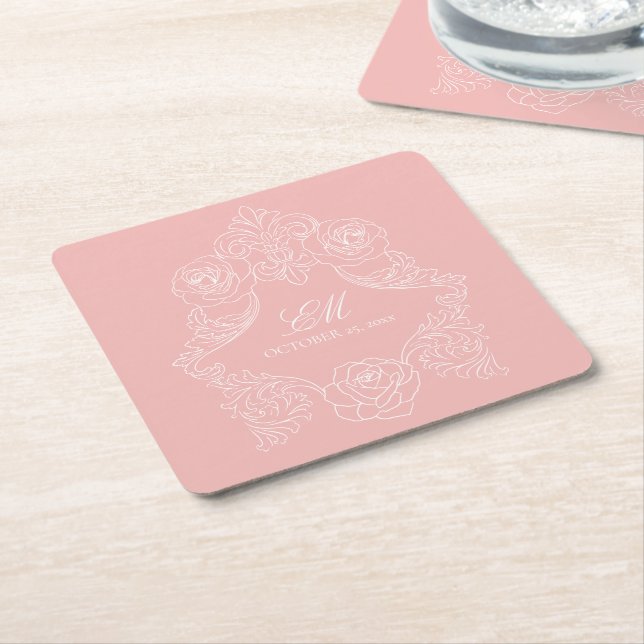Blush Pink Victorian Wedding Monogram Crest Square Paper Coaster (Angled)