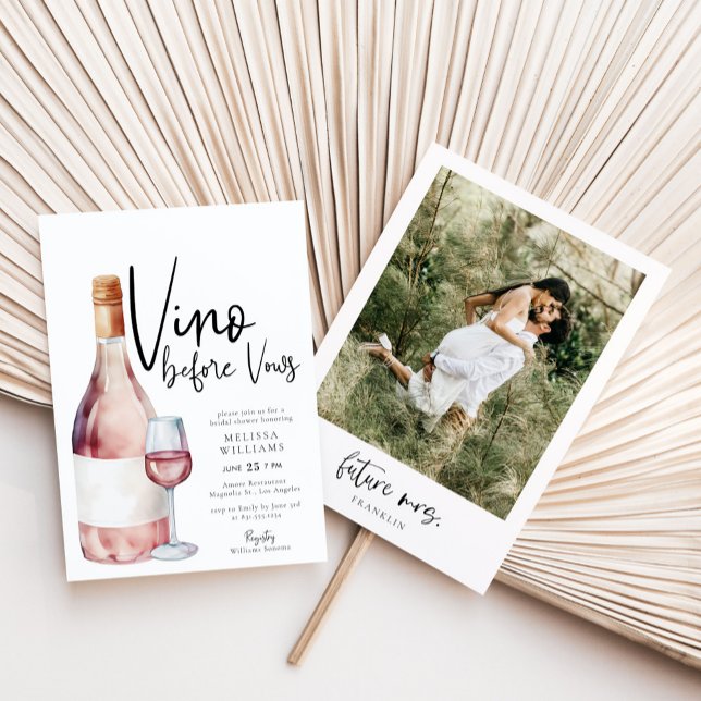 Blush Pink Vino Before Vows Photo Bridal Shower Invitation (Creator Uploaded)