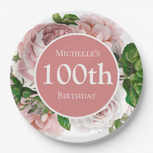 Blush Pink Vintage Floral Greenery 100th Birthday Paper Plate