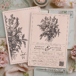 Blush Pink Vintage Floral Romantic Garden Wedding Invitation