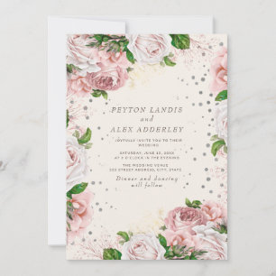 Blush Pink Vintage Floral Silver Glitter Wedding Invitation