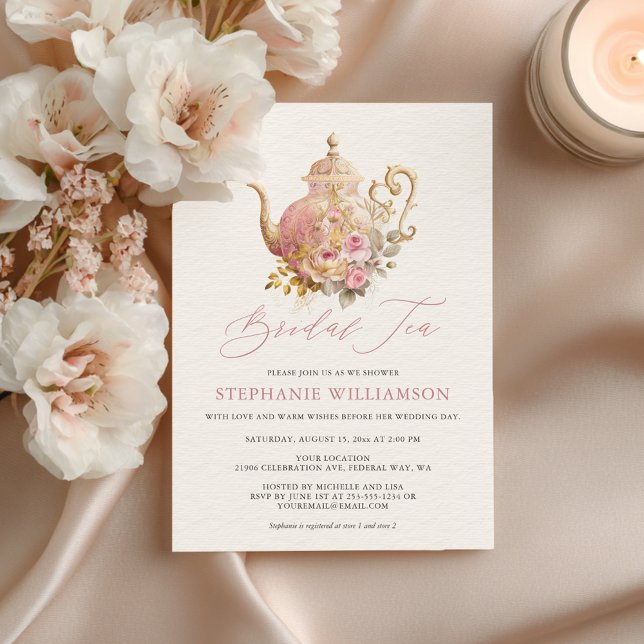 Blush Pink Vintage Floral Teapot Bridal Shower Tea Invitation (Blush Pink Vintage Floral Teapot Bridal Shower Tea Invitation)