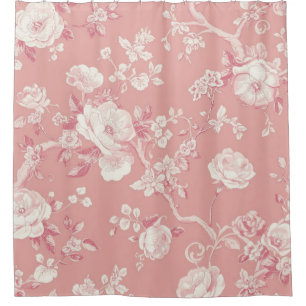 Blush Pink Vintage Rose Toile Floral Pattern Shower Curtain
