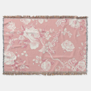 Blush Pink Vintage Rose Toile Floral Pattern Throw Blanket