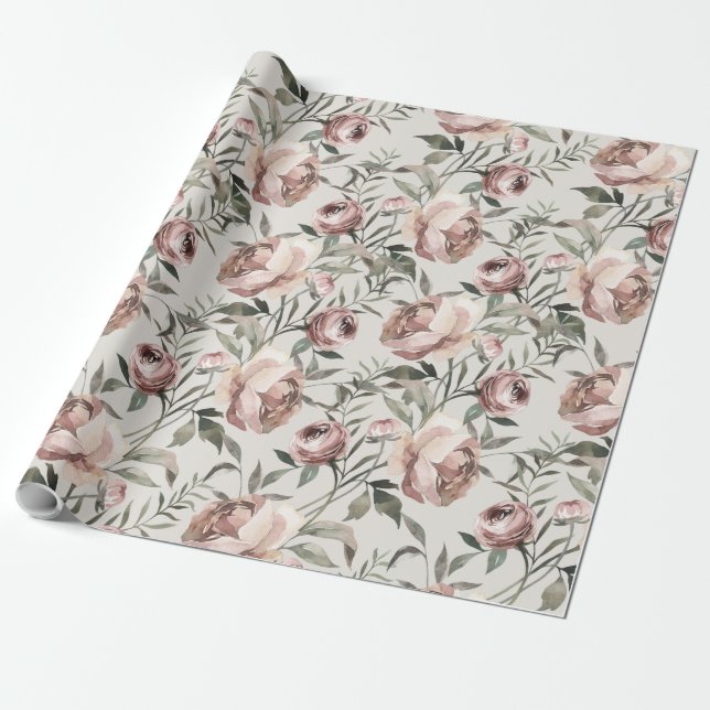Blush Pink Vintage Roses & Ranunculus Vine Wrapping Paper (Unrolled)
