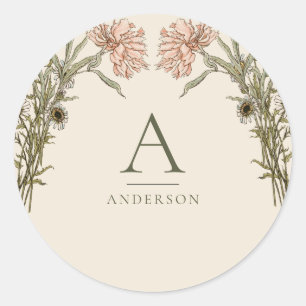 Blush Pink Vintage Watercolor Floral Monogram Classic Round Sticker