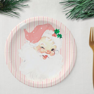 Blush Pink Vintage Winking Santa Christmas Party Paper Plate