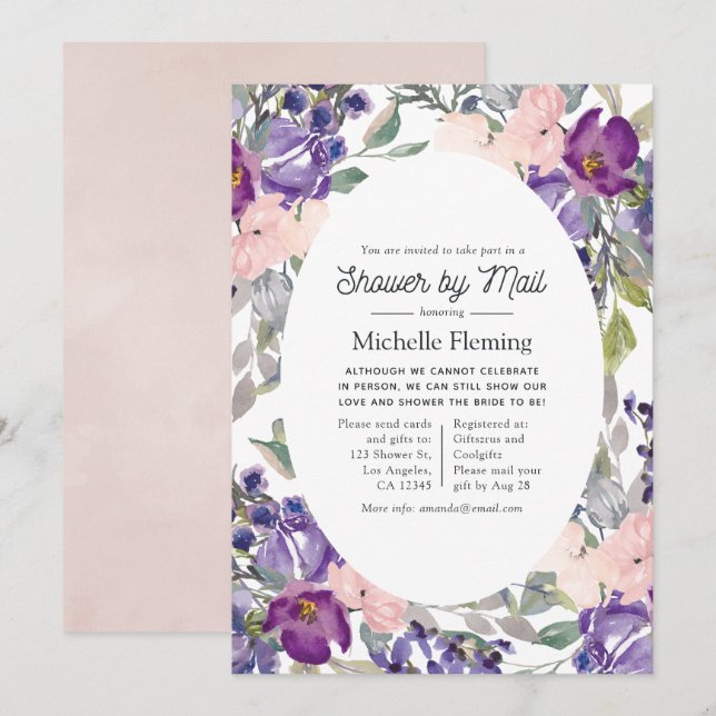 Blush Pink, Violet and Plum Bridal Shower by Mail Invitation (Front/Back)
