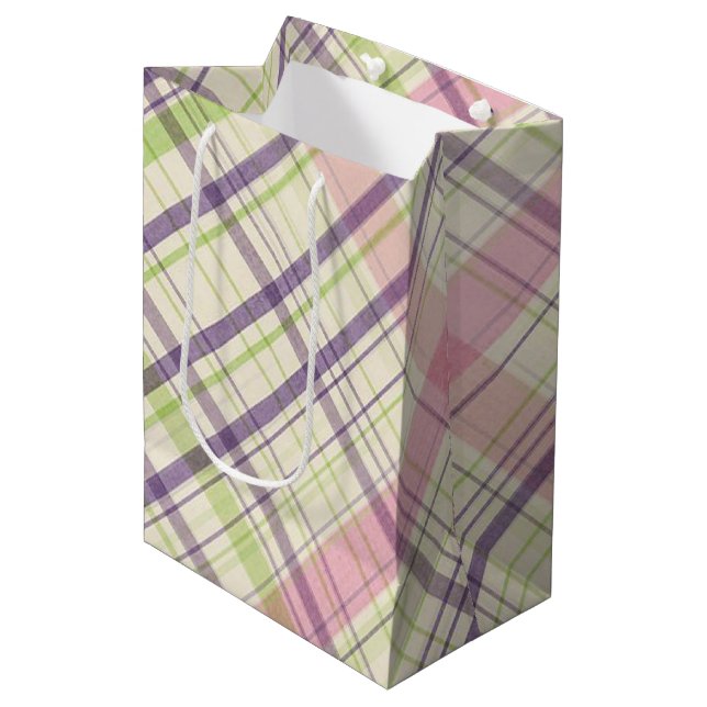 Blush Pink Violet Purple Lime Green Tartan Pattern Medium Gift Bag (Front Angled)