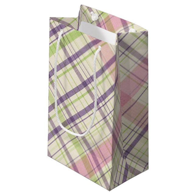Blush Pink Violet Purple Lime Green Tartan Pattern Small Gift Bag (Front Angled)