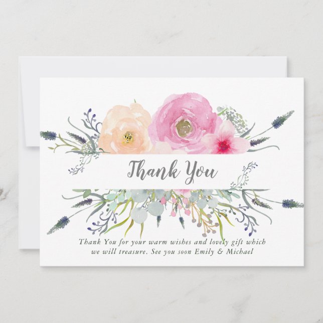 Blush Pink Violet Thank You Card Boho Herbs (Front)
