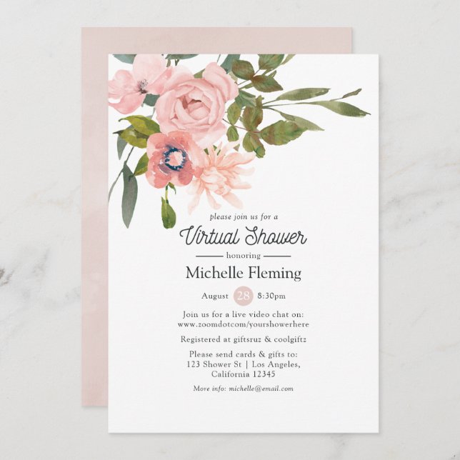 Blush Pink Virtual Baby or Bridal Shower Invitation (Front/Back)