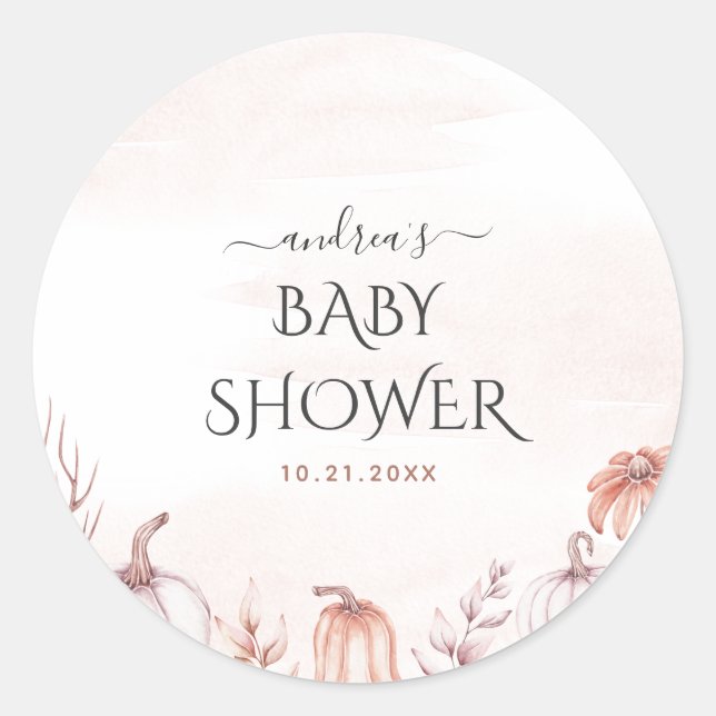 Blush Pink Warm Tone Fall Pumpkin Baby Shower Cute Classic Round Sticker (Front)