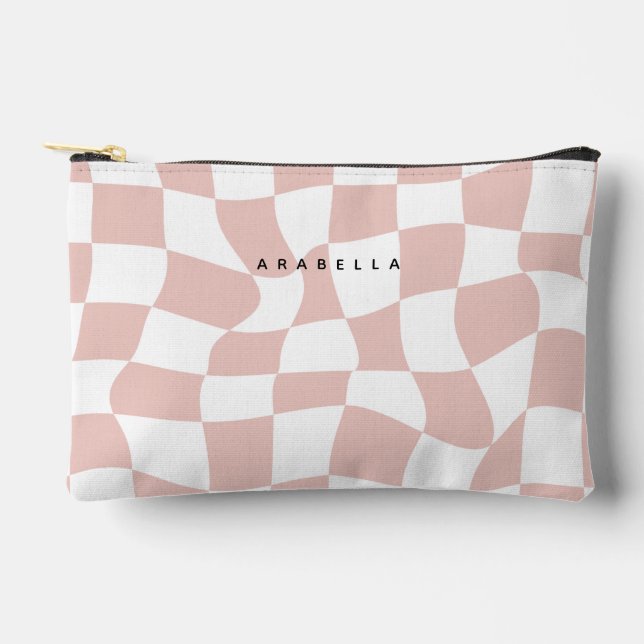 Blush Pink Warped Chequerboard Accessory Pouch (Front)