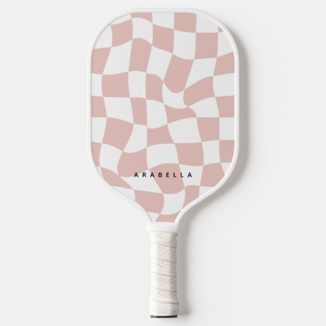 Blush Pink Warped Chequerboard Pickleball Paddle (Front)