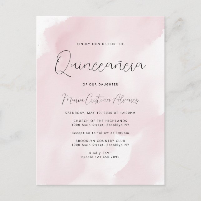 Blush Pink Watercolor 15th Birthday Quinceañera In Postcard (Front)