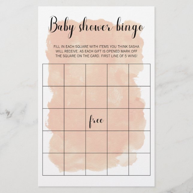 Blush Pink Watercolor Baby Shower Bingo Game (Front)