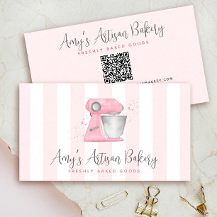 Blush Pink Watercolor Bakery Mixer QR Code Stripes Business Card