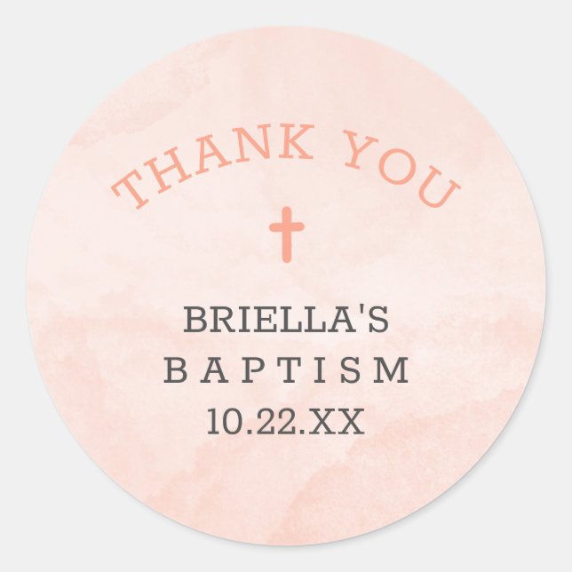 Blush pink watercolor baptism thank you classic round sticker (Front)