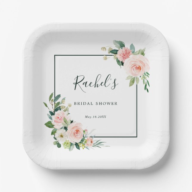 Blush Pink Watercolor Bloom Bridal Shower Paper Plate (Front)