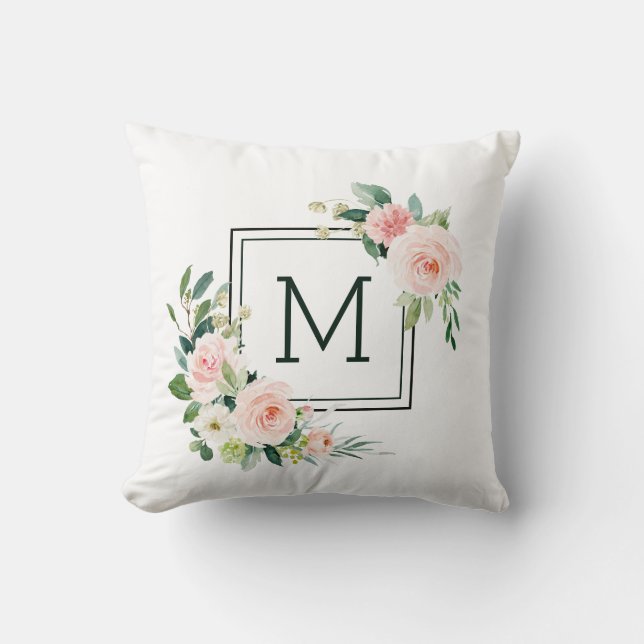 Blush Pink Watercolor Bloom Monogram Cushion (Front)