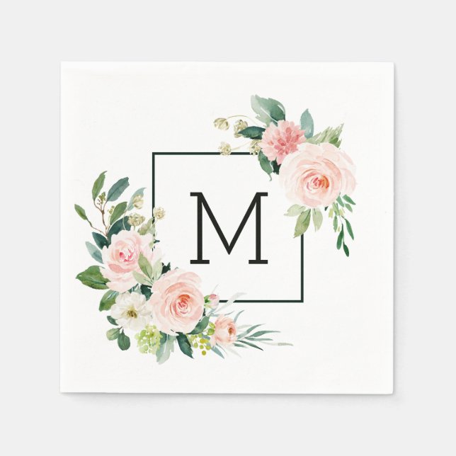 Blush Pink Watercolor Bloom Monogram Napkin (Front)