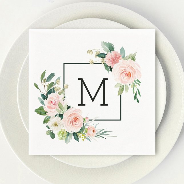 Blush Pink Watercolor Bloom Monogram Napkin (Creator Uploaded)