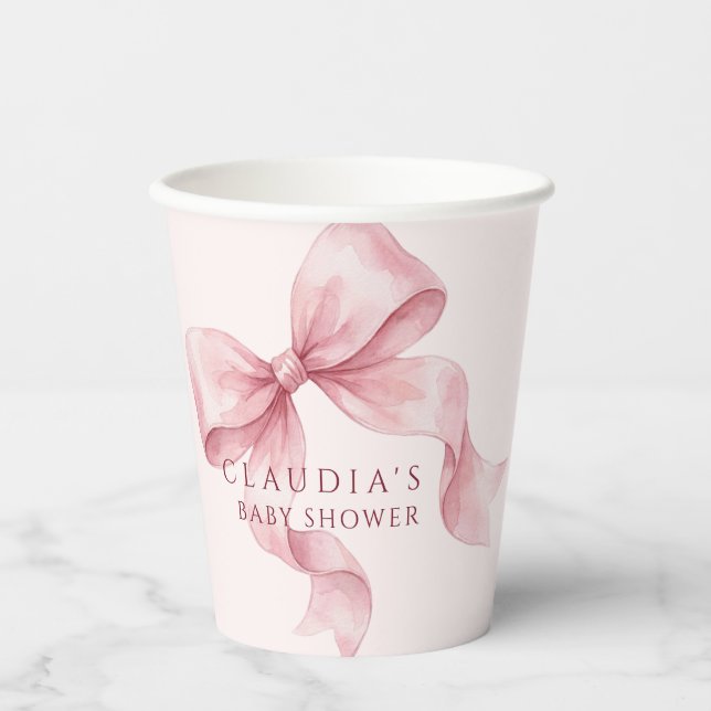 Blush Pink Watercolor Bow Baby Shower  Paper Cups (Front)