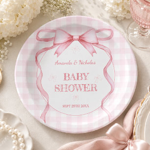 Blush Pink Watercolor Bow Gingham Baby Girl Shower Paper Plate