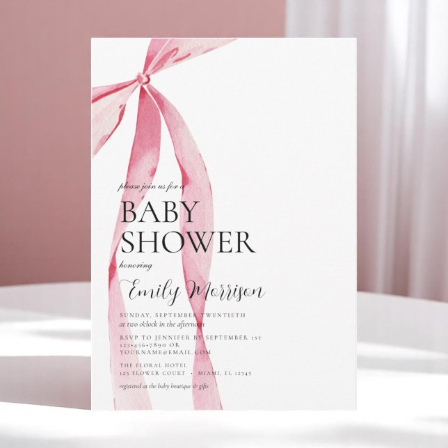 Blush Pink Watercolor Bow Girl Baby Shower Invitation (Creator Uploaded)