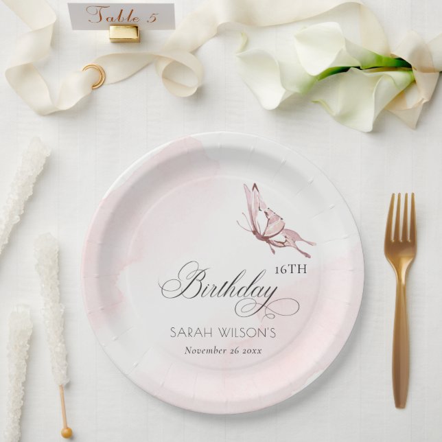 Blush Pink Watercolor Butterfly Any Age Birthday Paper Plate (Wedding)