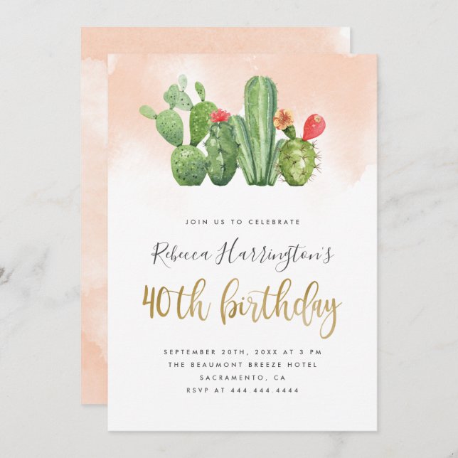 Blush Pink Watercolor & Cactus 40th Birthday Invitation (Front/Back)
