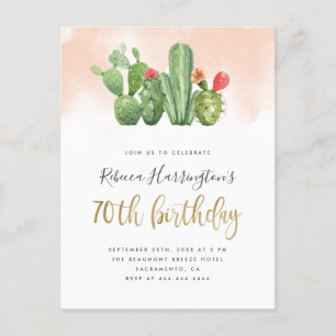 Blush Pink Watercolor & Cactus 70th Birthday Invitation Postcard
