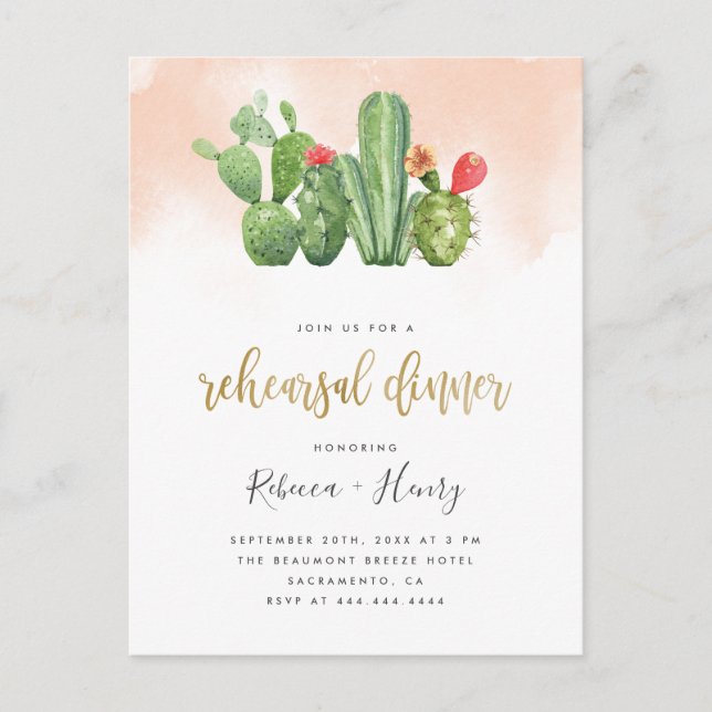 Blush Pink Watercolor & Cactus Rehearsal Dinner Invitation Postcard (Front)