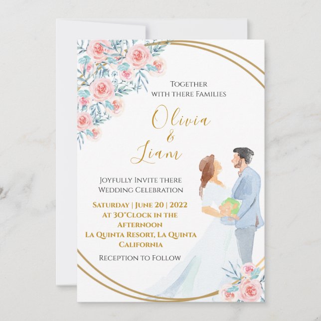Blush Pink Watercolor Couple and Roses Wedding Invitation (Front)