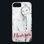 Blush Pink Watercolor Custom Photo Personalised iPhone 8/7 Case<br><div class="desc">Trendy custom design featuring your favourite photo. Blush pink transparent watercolor brush with your name on it. Stylish script font.</div>