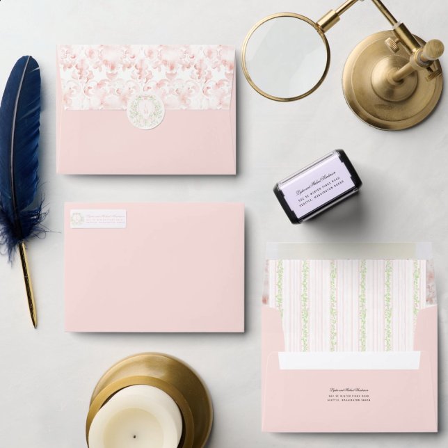 Blush Pink Watercolor Damask Wedding Envelope (This envelope coordinates with other products in the Sweet Crest with Blush Bow Collection)