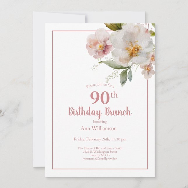 Blush Pink Watercolor Floral 90th Birthday Brunch Invitation (Front)