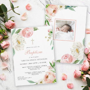 Blush Pink Watercolor Floral Baby Baptism Invitation