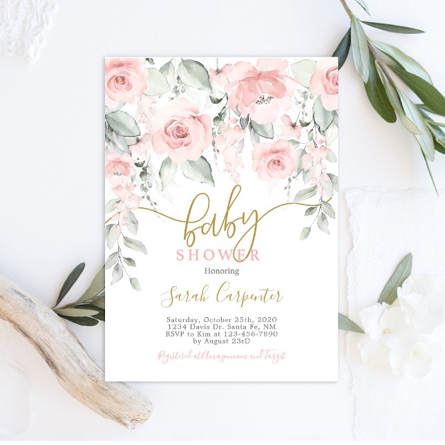 Blush pink watercolor floral baby shower girl invitation (Creator Uploaded)