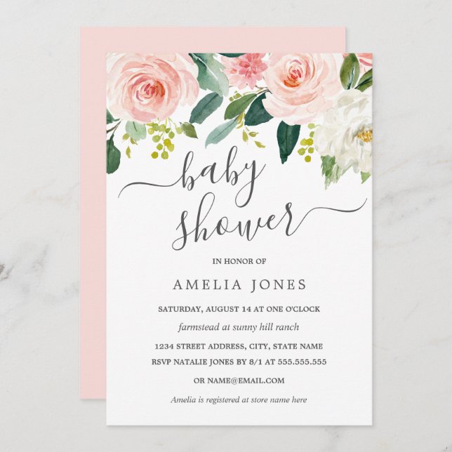 Blush Pink Watercolor Floral Baby Shower Invitation (Front/Back)